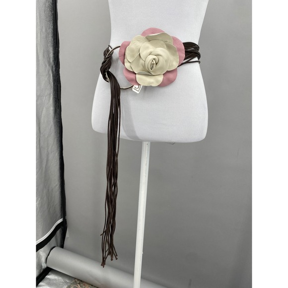 Y2K LC Leather Petal Flower Cord Wrap Belt O/S Pink Boho Floral Brown Cord Rose main image 10